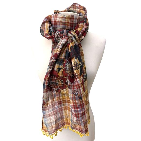 Eddie Bauer Plaid Floral Scarf Tassel Trim Boho Fall Lightweight Cotton Wrap OS - Picture 5 of 8